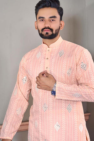 Orange Embroidered Linen Men's Kurta Set