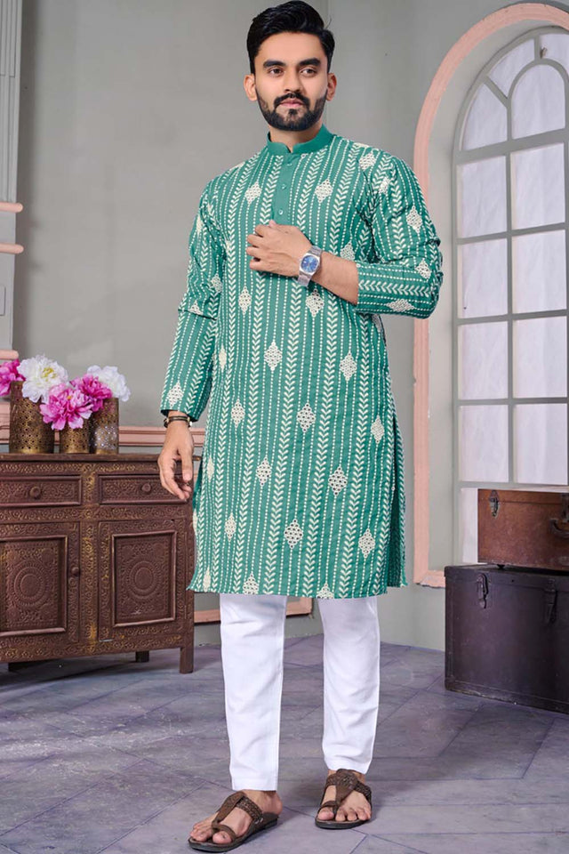 Green Embroidered Linen Men's Kurta Set