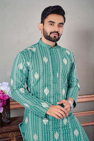 Green Embroidered Linen Men's Kurta Set