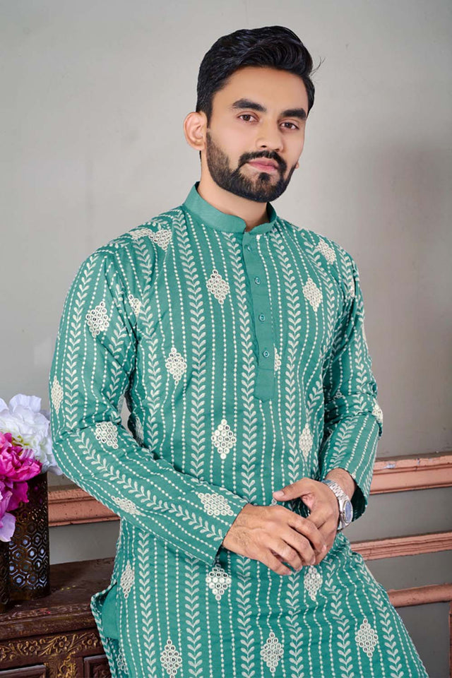 Green Embroidered Linen Men's Kurta Set