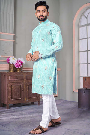 Blue Embroidered Linen Men's Kurta Set