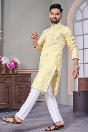 Yellow Embroidered Linen Men's Kurta Set