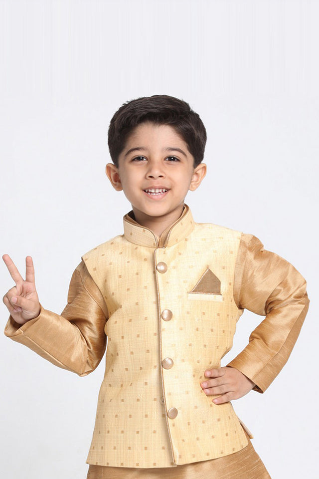Boy's Cotton Art Silk Nehru Jacket in Gold - 6-7 Years