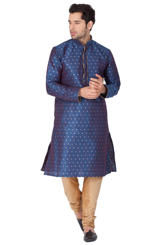 Men's Cotton Art Silk Woven Kurta and Pyjama Set in Blue - 40 / Blue