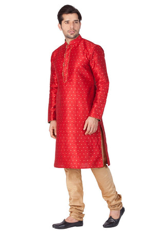 Men's Cotton Art Silk Woven Kurta And Pajama Set In Maroon - 46 / Red