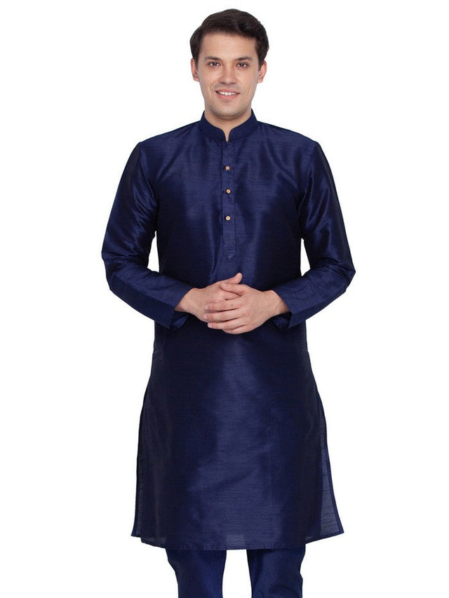 Men's Cotton Art Silk Solid Kurta in Navy Blue - 40 / Blue