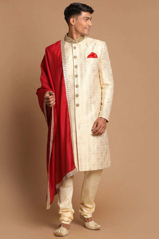 Men's Beige And Gold Silk Blend Embroidered Brocade Sherwani Set With Maroon Dupatta - 42