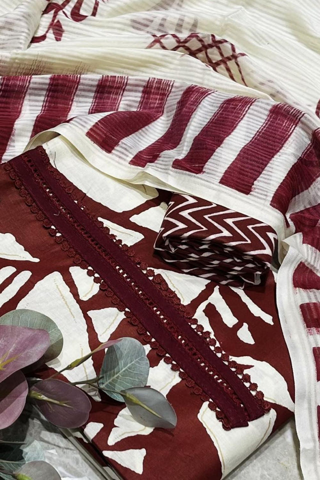 Maroon Printed Cotton Kurti Pant Set (VCDM0293-MRON)