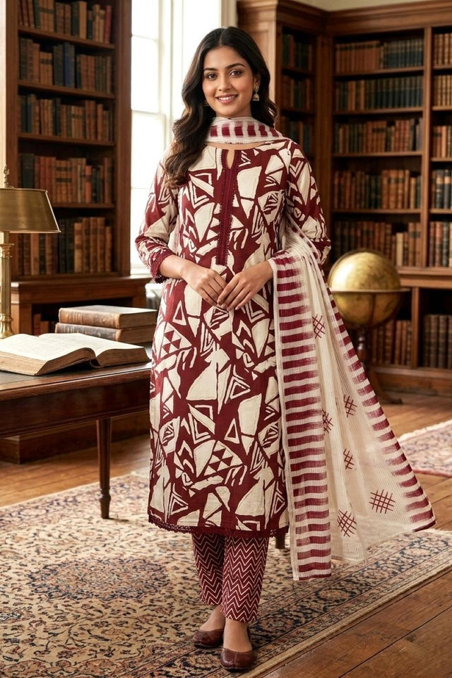 Maroon Printed Cotton Kurti Pant Set (VCDM0293-MRON)