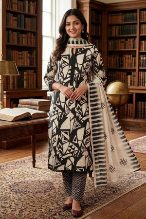 Black Printed Cotton Kurti Pant Set (VCDM0294-BLCK)