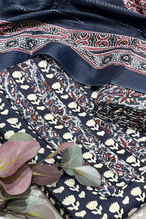 Navy Blue Printed Cotton Kurti Pant Set (VCDM0295-NBLU)