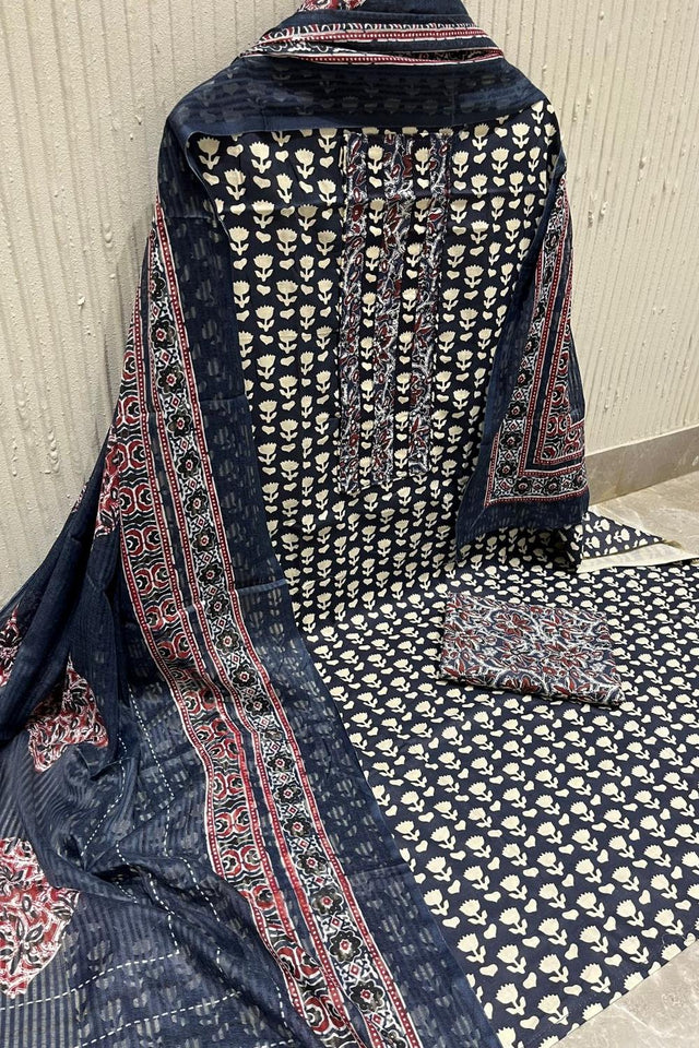 Navy Blue Printed Cotton Kurti Pant Set (VCDM0295-NBLU)