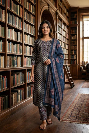 Navy Blue Printed Cotton Kurti Pant Set (VCDM0295-NBLU)
