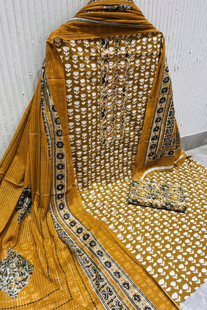 Mustard Printed Cotton Kurti Pant Set (VCDM0296-MSTD)