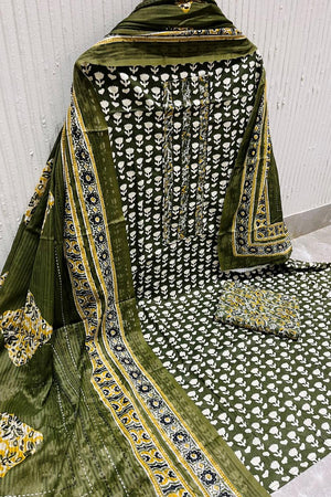 Olive Green Printed Cotton Kurti Pant Set (VCDM0298-OLIV)