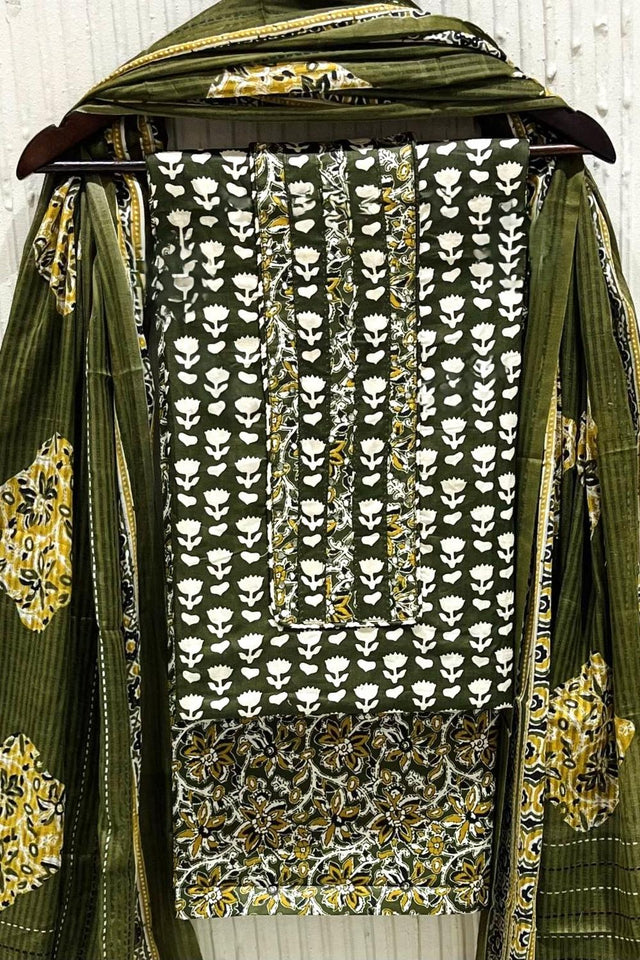 Olive Green Printed Cotton Kurti Pant Set (VCDM0298-OLIV)