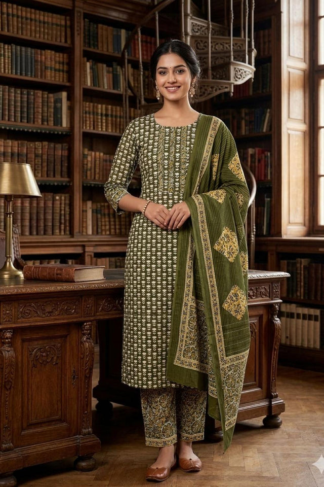 Olive Green Printed Cotton Kurti Pant Set (VCDM0298-OLIV)