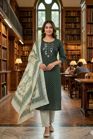 Green Printed Cotton Kurti Pant Set (VCDM0300-GREN)