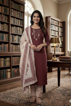 Maroon Printed Cotton Kurti Pant Set (VCDM0301-MRON)
