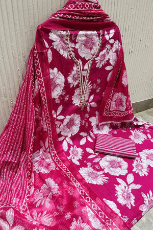 Pink Floral Printed Cotton Kurti Pant Set (VCDM0303-PINK)