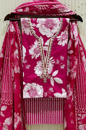 Pink Floral Printed Cotton Kurti Pant Set (VCDM0303-PINK)