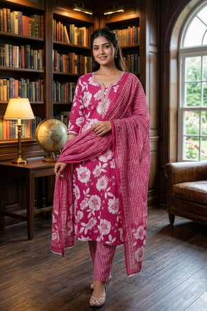Pink Floral Printed Cotton Kurti Pant Set (VCDM0303-PINK)