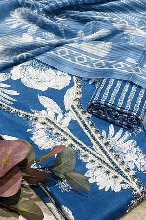 Blue Floral Printed Cotton Kurti Pant Set (VCDM0304-SBLU)