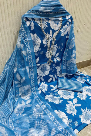 Blue Floral Printed Cotton Kurti Pant Set (VCDM0304-SBLU)
