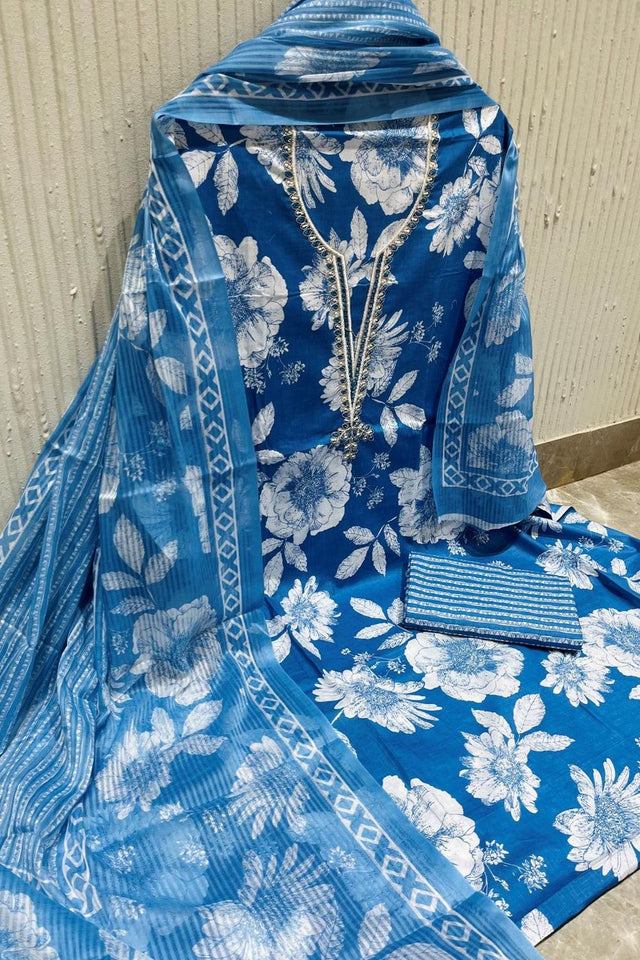 Blue Floral Printed Cotton Kurti Pant Set (VCDM0304-SBLU)