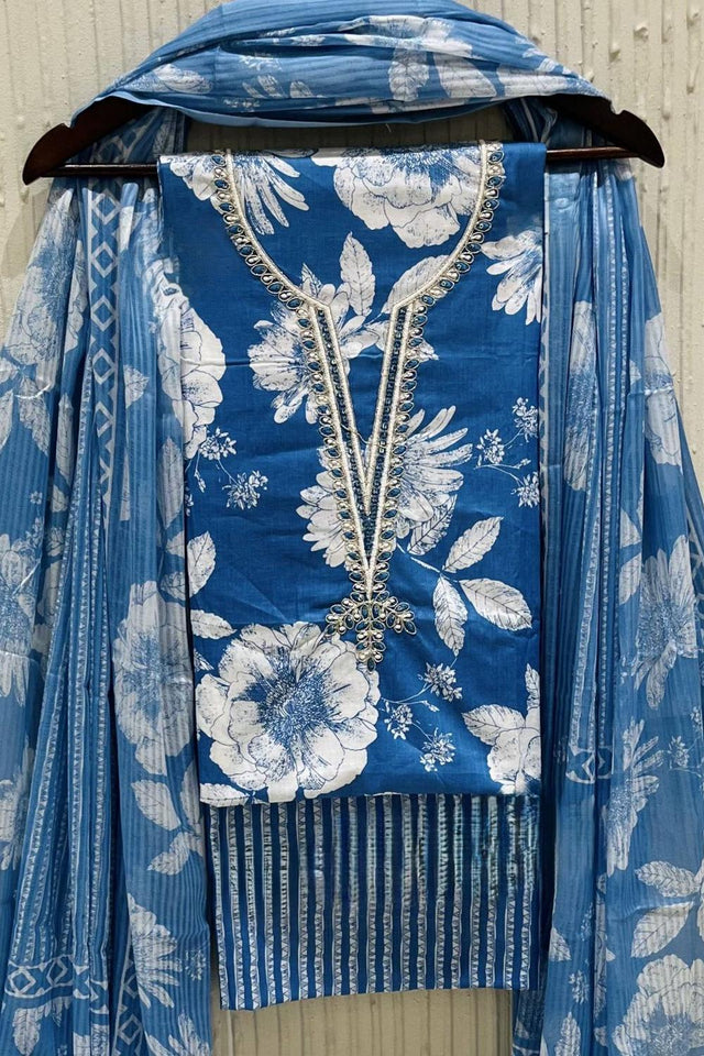 Blue Floral Printed Cotton Kurti Pant Set (VCDM0304-SBLU)