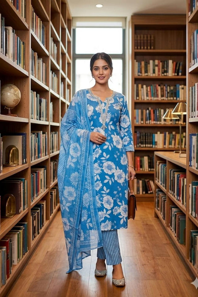Blue Floral Printed Cotton Kurti Pant Set (VCDM0304-SBLU)