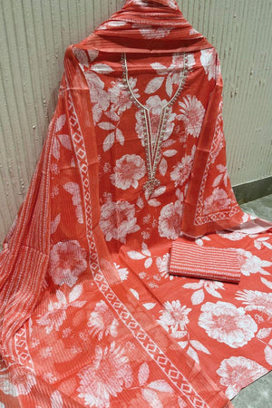 Orange Floral Printed Cotton Kurti Pant Set (VCDM0305-ORNG)