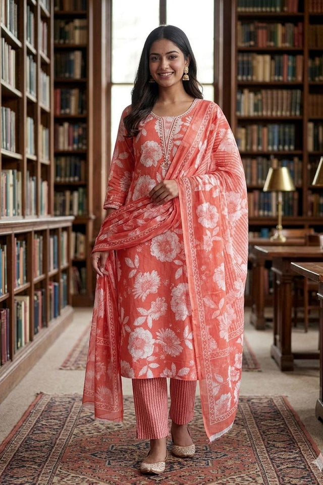 Orange Floral Printed Cotton Kurti Pant Set (VCDM0305-ORNG)