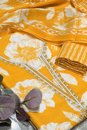 Yellow Floral Printed Cotton Kurti Pant Set (VCDM0306-YLOW)