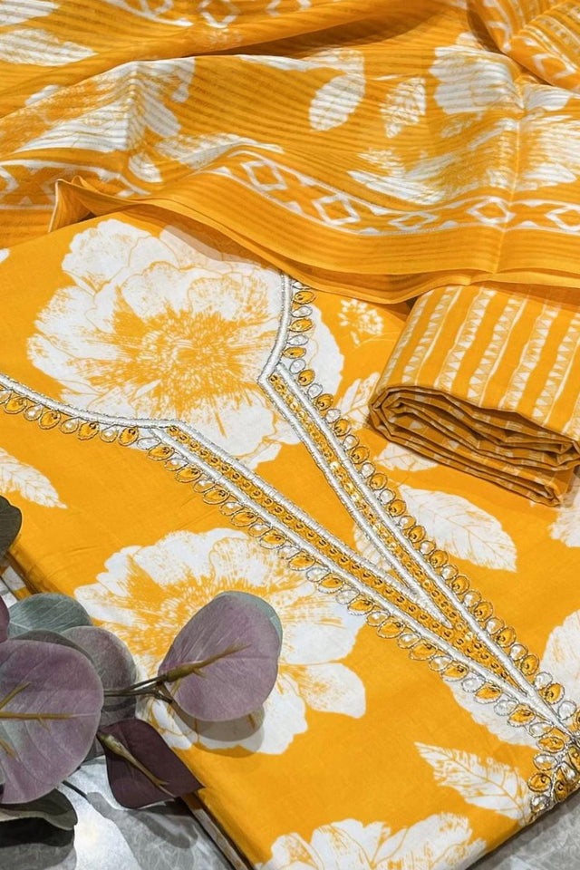 Yellow Floral Printed Cotton Kurti Pant Set (VCDM0306-YLOW)