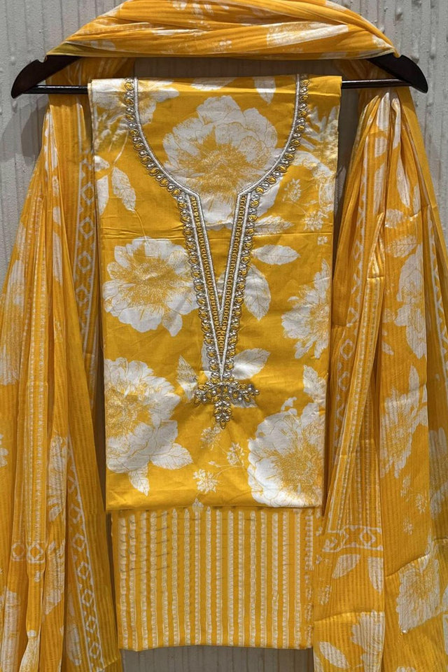 Yellow Floral Printed Cotton Kurti Pant Set (VCDM0306-YLOW)