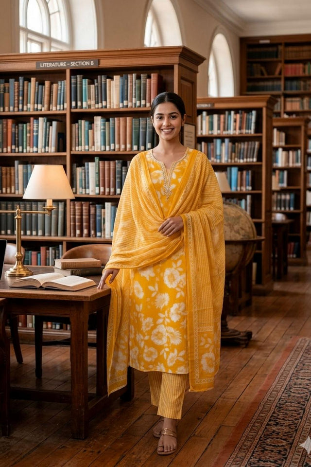 Yellow Floral Printed Cotton Kurti Pant Set (VCDM0306-YLOW)