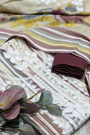 Mauve Floral Embroidered Cotton Kurti Pant Set (VCDM0307-MAUV)