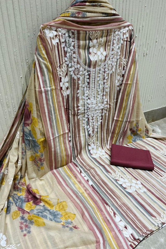 Mauve Floral Embroidered Cotton Kurti Pant Set (VCDM0307-MAUV)