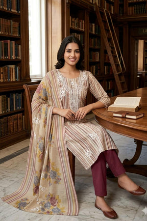 Mauve Floral Embroidered Cotton Kurti Pant Set (VCDM0307-MAUV)