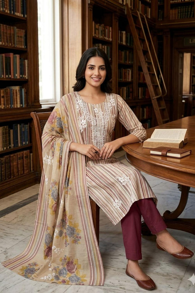 Mauve Floral Embroidered Cotton Kurti Pant Set (VCDM0307-MAUV)