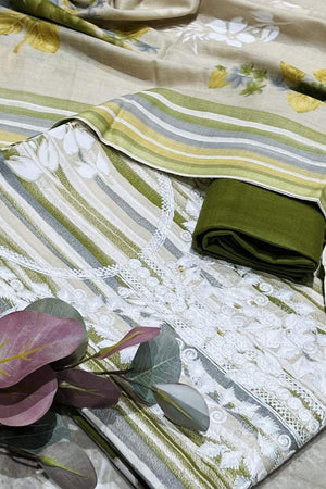 Olive Green Floral Embroidered Cotton Kurti Pant Set (VCDM0308-OLIV)