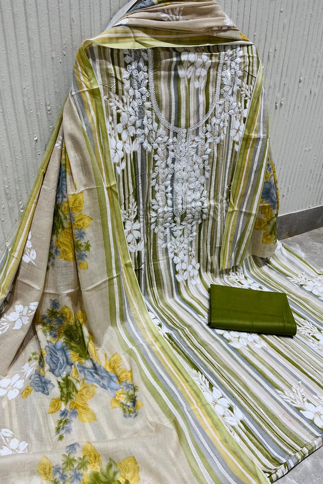 Olive Green Floral Embroidered Cotton Kurti Pant Set (VCDM0308-OLIV)