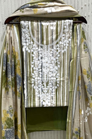 Olive Green Floral Embroidered Cotton Kurti Pant Set (VCDM0308-OLIV)