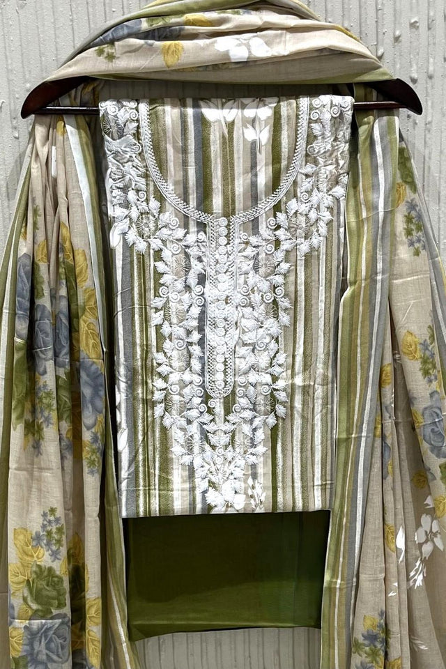 Olive Green Floral Embroidered Cotton Kurti Pant Set (VCDM0308-OLIV)