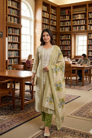 Olive Green Floral Embroidered Cotton Kurti Pant Set (VCDM0308-OLIV)