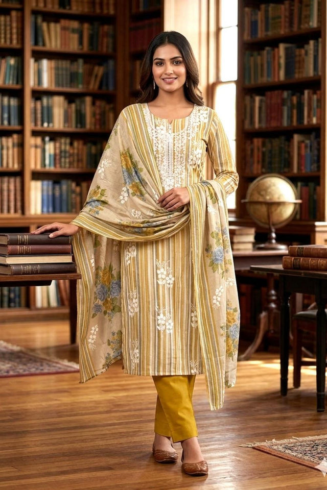 Yellow Floral Embroidered Cotton Kurti Pant Set (VCDM0309-YLOW)