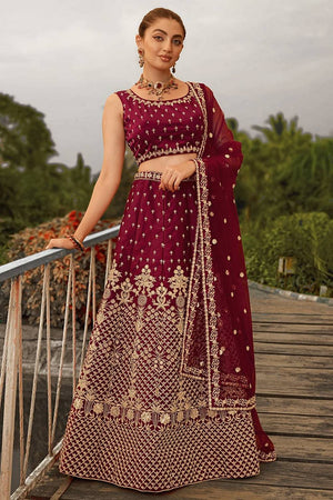 Maroon Floral Embroidered Art Silk Lehenga (VD-marun)