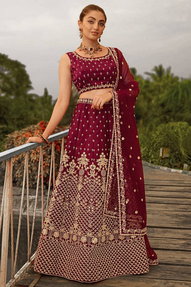 Maroon Floral Embroidered Art Silk Lehenga (VD-marun)