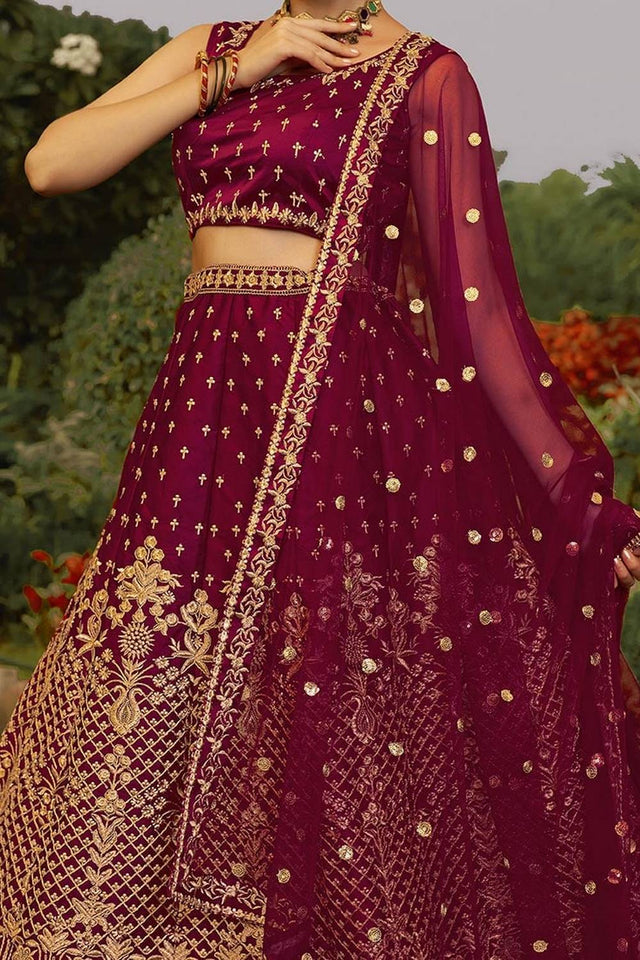 Maroon Floral Embroidered Art Silk Lehenga (VD-marun)